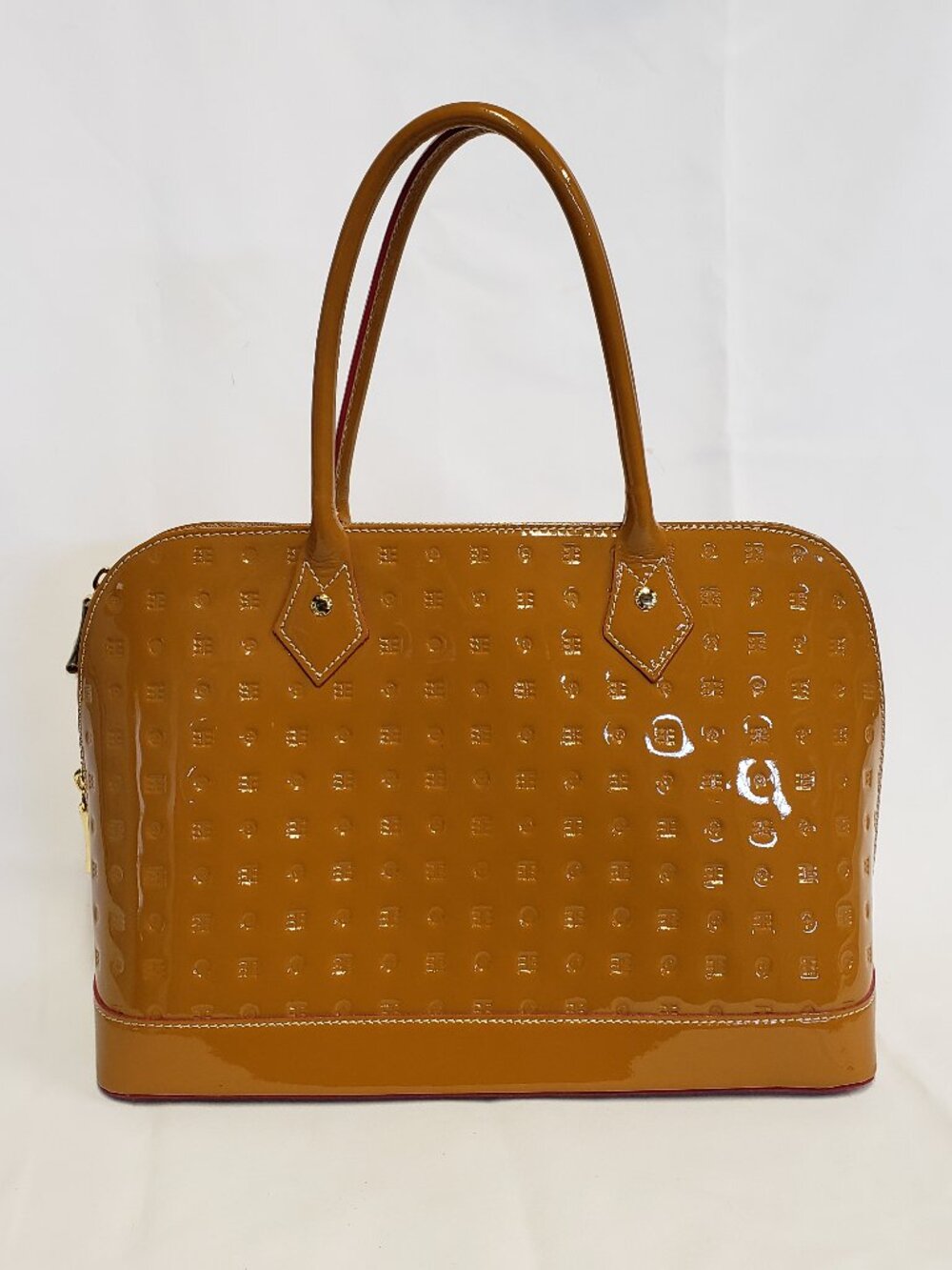 NWOT Arcadia genuine Italian patent Leather camel brown tote bag w/ pockets